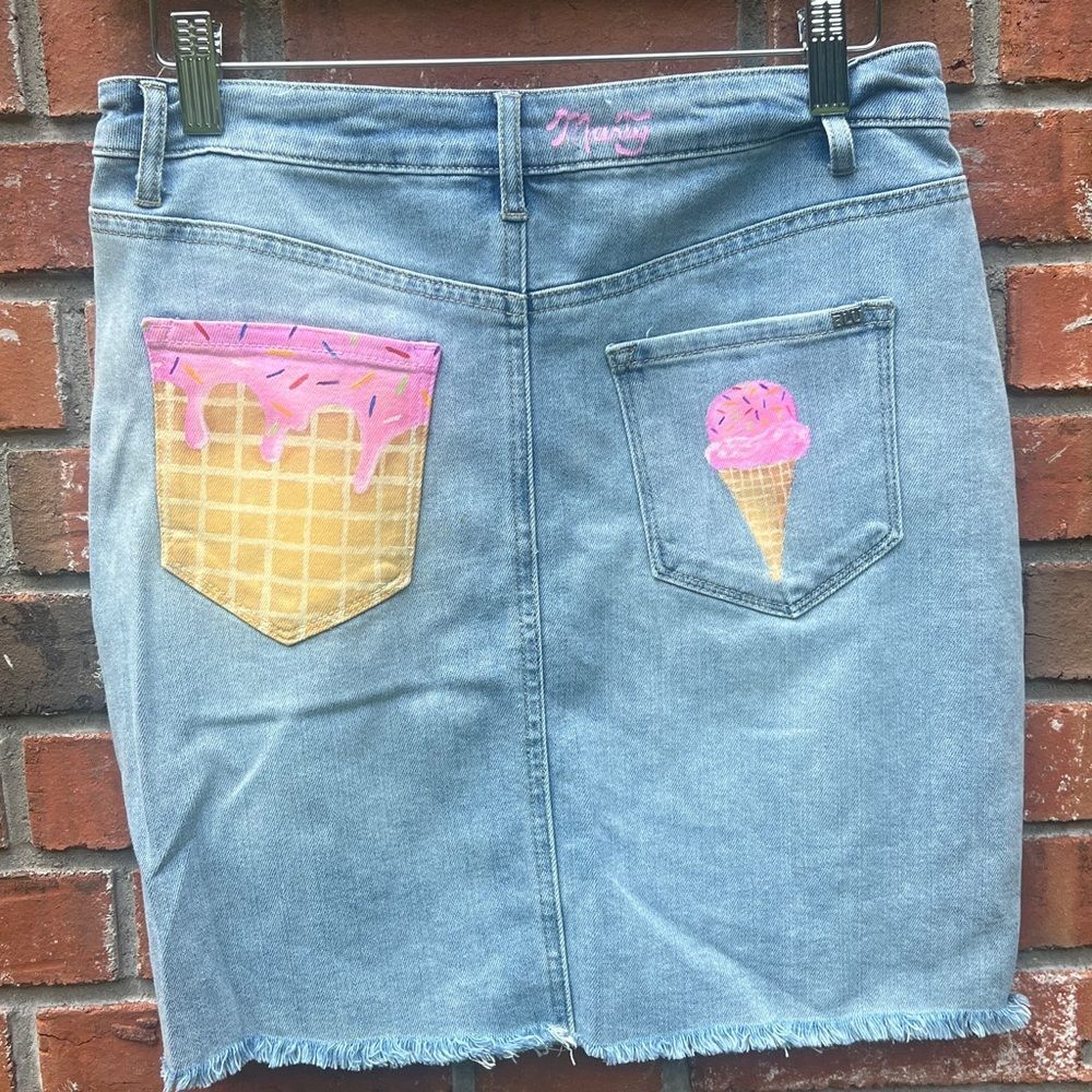Hand-Painted Denim Mini Skirt with Ice Cream Design Size S